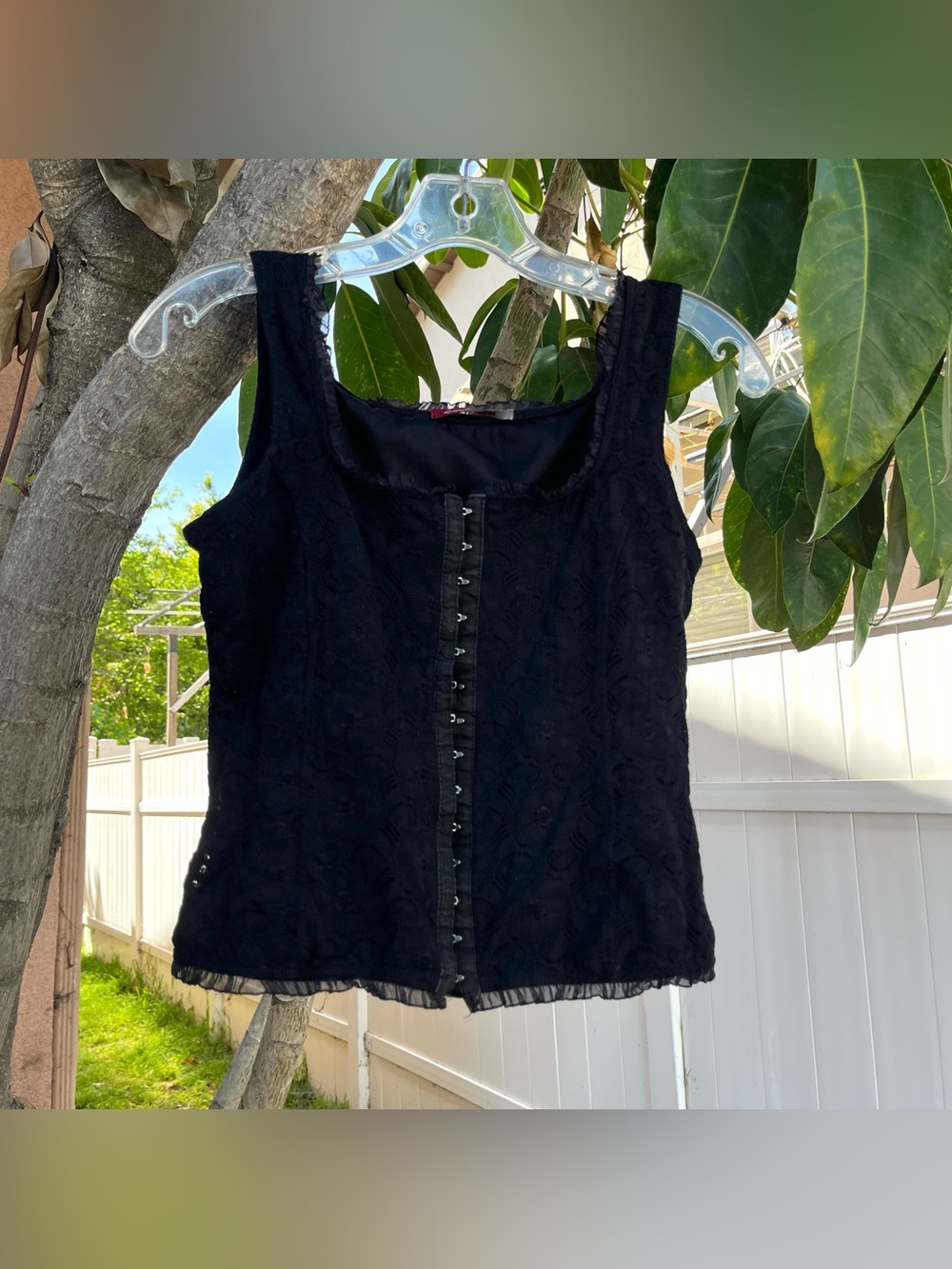 Vintage 90s Silvergate Black Corset Top with a Sheer Trim and Hook Front Closure